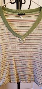 Mult-colored, striped, V-neck, cropped shirt.